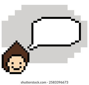 Cartoon pixel cute character man face with chat box blank decoration 8 bit male boy say speak discuss idea chat box cartoon pixel 8bit game vector.