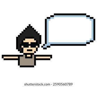 Cartoon pixel cute character man face with chat box blank decoration 8 bit male boy say speak discuss idea chat box cartoon pixel 8bit game vector.