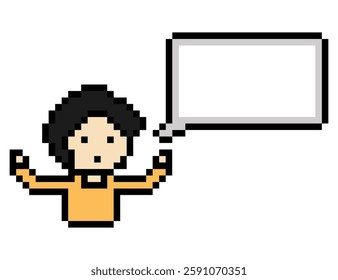 Cartoon pixel cute character man face with chat box blank decoration 8 bit male boy say speak discuss idea chat box cartoon pixel 8bit game vector.