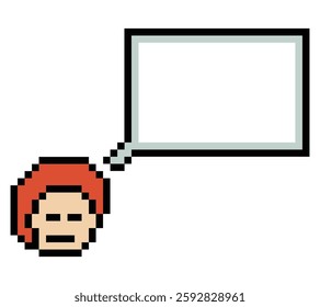 Cartoon pixel cute character man face with chat box blank decoration 8 bit male boy say speak discuss idea chat box cartoon pixel 8bit game vector.