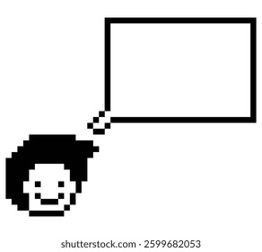 Cartoon pixel cute character man face with chat box blank decoration 8 bit male boy say speak discuss idea chat box cartoon pixel 8bit game vector.