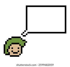 Cartoon pixel cute character man face with chat box blank decoration 8 bit male boy say speak discuss idea chat box cartoon pixel 8bit game vector.