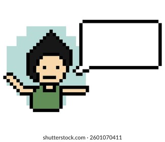 Cartoon pixel cute character man face with chat box blank decoration 8 bit male boy say speak discuss idea chat box cartoon pixel 8bit game vector.
