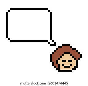 Cartoon pixel cute character man face with chat box blank decoration 8 bit male boy say speak discuss idea chat box cartoon pixel 8bit game vector.