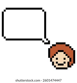Cartoon pixel cute character man face with chat box blank decoration 8 bit male boy say speak discuss idea chat box cartoon pixel 8bit game vector.