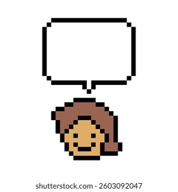 Cartoon pixel cute character man face with chat box blank decoration 8 bit male boy say speak discuss idea chat box cartoon pixel 8bit game vector.