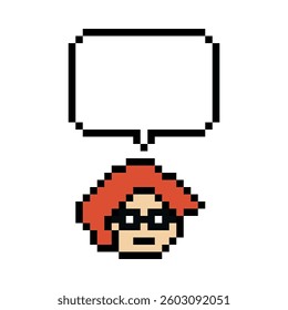 Cartoon pixel cute character man face with chat box blank decoration 8 bit male boy say speak discuss idea chat box cartoon pixel 8bit game vector.