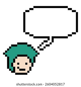 Cartoon pixel cute character man face with chat box blank decoration 8 bit male boy say speak discuss idea chat box cartoon pixel 8bit game vector.