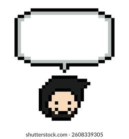 Cartoon pixel cute character man face with chat box blank decoration 8 bit male boy say speak discuss idea chat box cartoon pixel 8bit game vector.