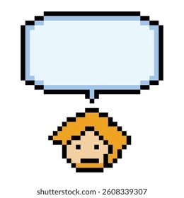 Cartoon pixel cute character man face with chat box blank decoration 8 bit male boy say speak discuss idea chat box cartoon pixel 8bit game vector.