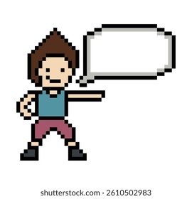Cartoon pixel cute character man face with chat box blank decoration 8 bit male boy say speak discuss idea chat box cartoon pixel 8bit game vector.