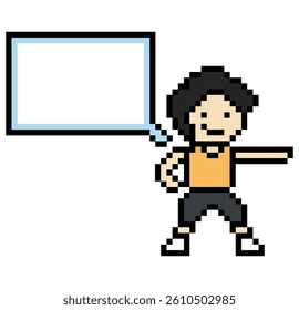 Cartoon pixel cute character man face with chat box blank decoration 8 bit male boy say speak discuss idea chat box cartoon pixel 8bit game vector.