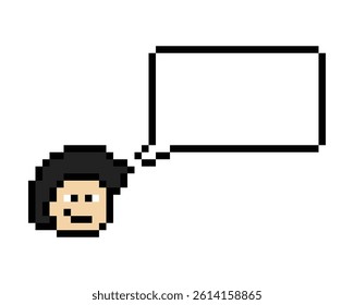 Cartoon pixel cute character man face with chat box blank decoration 8 bit male boy say speak discuss idea chat box cartoon pixel 8bit game vector.