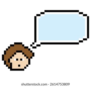 Cartoon pixel cute character man face with chat box blank decoration 8 bit male boy say speak discuss idea chat box cartoon pixel 8bit game vector.