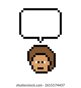 Cartoon pixel cute character man face with chat box blank decoration 8 bit male boy say speak discuss idea chat box cartoon pixel 8bit game vector.