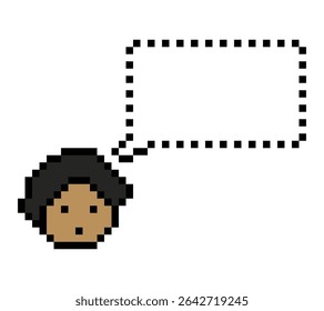 Cartoon pixel cute character man face with chat box blank decoration 8 bit male boy say speak discuss idea chat box cartoon pixel 8bit game vector.