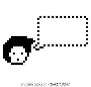 Cartoon pixel cute character man face with chat box blank decoration 8 bit male boy say speak discuss idea chat box cartoon pixel 8bit game vector.
