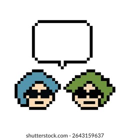 Cartoon pixel cute character man face with chat box blank decoration 8 bit male boy say speak discuss idea chat box cartoon pixel 8bit game vector.