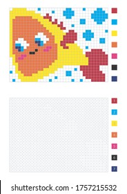 Cartoon pixel fish in the coloring page with numbered squares, vector illustration