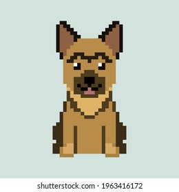 Cartoon pixel german shepherd. Vector illustration of cute sitting dog in pixel style.