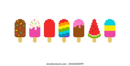 Cartoon Pixel Ice Cream colorful rainbow set in retro game style. Perfect Pixel Ice Сream on a stick and ice cream popsicle - editable vector icons collection
