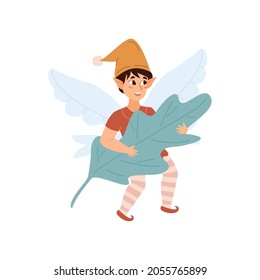 Cartoon Pixie Boy Flies On Wings And Holds Leaf - Flat Vector Illustration. Concept Of Fairy Creature Character For Children Design.