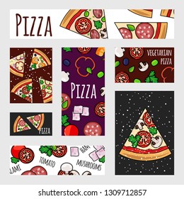 Cartoon pizza banners template. Fast food label, banner, flyer design. Pizza flyer for restaurant illustration, template of fast food