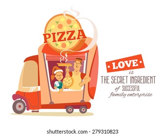 Cartoon pizza car. Family business illustration