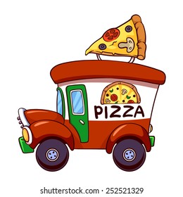 Cartoon pizza car. Vector illustration on a white background.