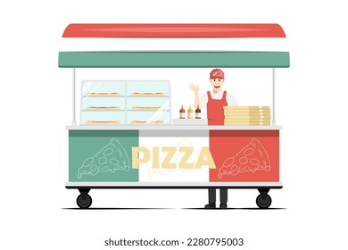Cartoon pizza cart with male salesperson on isolated background, Digital marketing illustration.