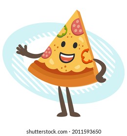 Cartoon Pizza Character explaining and pointing somewhere with his hand. Vector Illustration.