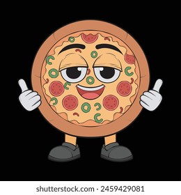 Cartoon pizza character. Happy pizzeria mascot character. Vector coloring page.
