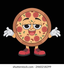 Cartoon pizza character. Happy pizzeria mascot character. Vector coloring page.
