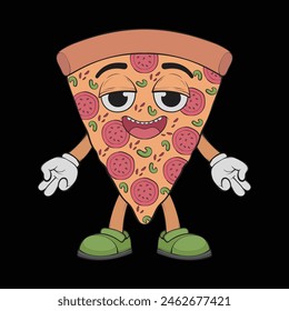 Cartoon pizza character. Happy pizzeria mascot character. Vector coloring page.
