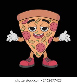 Cartoon pizza character. Happy pizzeria mascot character. Vector coloring page.
