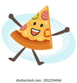 Cartoon Pizza Character joyfully jumping. Vector Illustration.