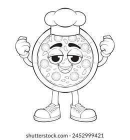 Cartoon pizza character. Outline of pizza with cheese. Happy pizzeria mascot character. Vector coloring page.
