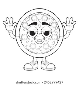 Cartoon pizza character. Outline of pizza with cheese. Happy pizzeria mascot character. Vector coloring page.
