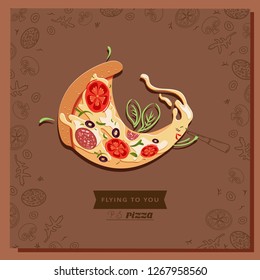 Cartoon pizza character slice. Cute pizza in love. Flying to you. Concept, element, emblem, icon for St. Valentine's Day for pizzerias, cafes, restaurants.  Vector illustration.