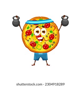 Cartoon pizza character with training weights. Fast food vector personage of italian pepperoni pizza lifting kettlebells, doing sport exercises with happy face. Cute emoji of pizzeria or gym