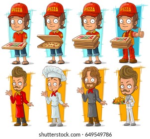 Cartoon pizza delivery boy and cook chef restaurant character vector set