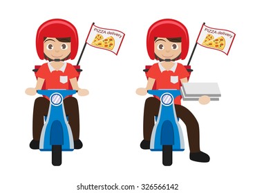 cartoon pizza delivery boy riding scooter isolated on white background. vector illustration