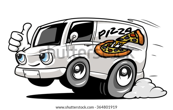 Cartoon pizza delivery car giving a thumb\
up. Vector\
illustration