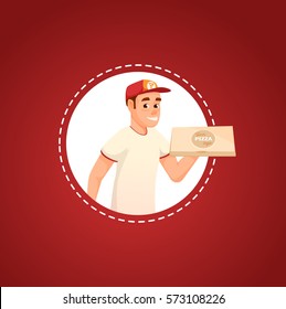 Cartoon pizza delivery logo with smiling man holding pizza box in circle with red background. vector illustration. cartoon. fun