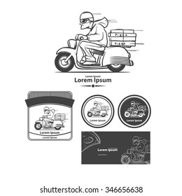cartoon pizza delivery man riding motor bike isolated on background, design elements