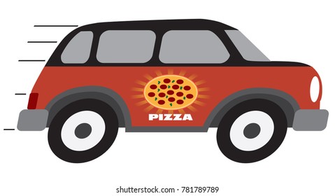 A cartoon pizza delivery vehicle is hurrying towards it's destination
