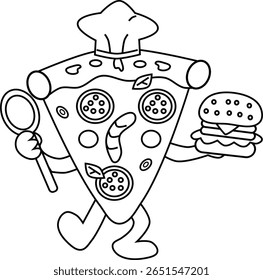 Pizza de desenho animado segurando um hambúrguer e um design de vetor de colher