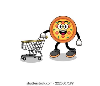 Cartoon of pizza holding a shopping trolley , character design