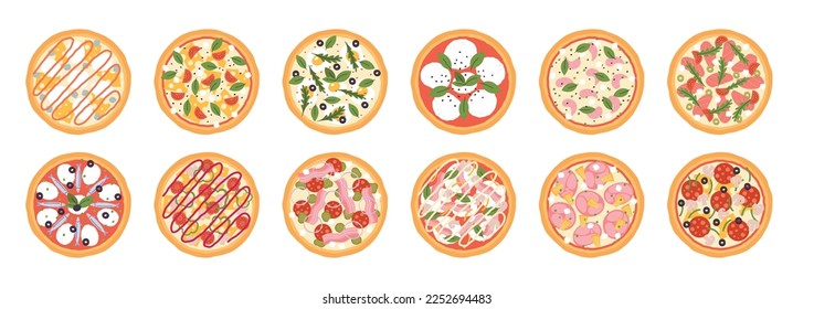 Cartoon pizza icons. Isolated cheesy pizza with sauces, tasty italian cuisine icons. Pizzeria food top view, margherita and pepperoni racy vector set