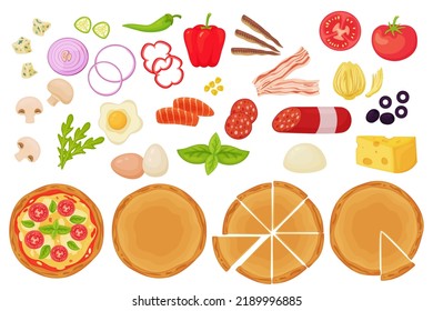 Cartoon pizza ingredients. Italian cuisine fast food, cooking time, pepperoni and meat, fresh vegetables, cheese and greens, pieces and whole, fastfood constructor recent vector set